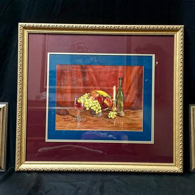 Lot 445: Set of 3 Gouache Still Life Paintings by John Winstead – Peppers & Crystal Glass, Wine & Fr