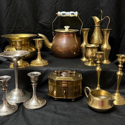 Lot 411: Vintage Mixed Metal Lot – Brass, Copper & Silver-Tone Candlesticks, Vases, Kettle & More