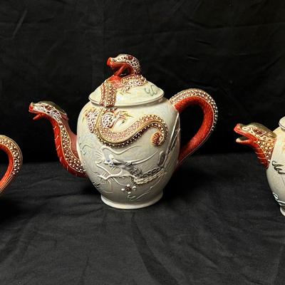 Lot 461: Vintage Japanese Moriage Dragonware Tea Set – 3 Pieces