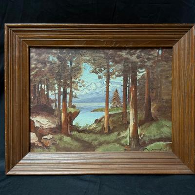 Lot 426: Framed Vintage Oil Painting – Forest Path to Lake with Mountain View, 12”x16”