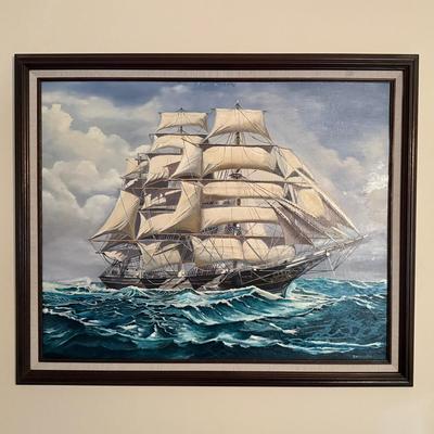 Lot 423: J.M. Winstead 1989 Oil Painting – Tall Ship on the High Seas, 28”x33”