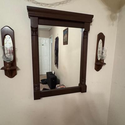 Lot 237: Vintage Wood Framed Mirror With A Pair Of Wood Sconces 
