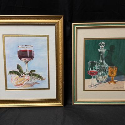 Lot 446: Pair of Gouache Wine-Themed Paintings by John Winstead – Rose & Glass, Decanter & Goblets