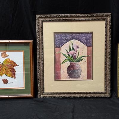 Lot 435: Trio of Framed Gouache Paintings – Leaves, Calla Lilies, and Marbles