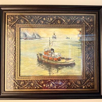 Lot 439: Tugboat in Harbor Gouache Painting – Framed Maritime Scene