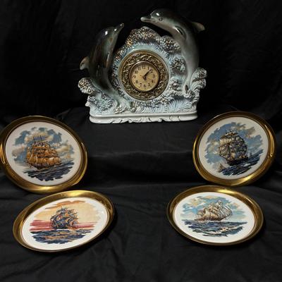 Lot 404: Dolphin Ceramic Mantel Clock & Solid Brass Nautical Ship Plaque Set