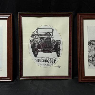 Lot 433: Lot of 3 John Winstead Framed Pencil and Ink Drawings – Portrait, Vintage Chevrolet, Puppy