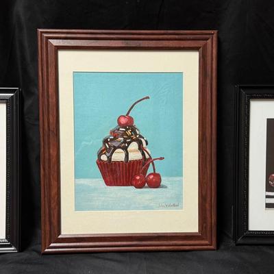Lot 438: Set of 3 Vintage Gouache Still Life Paintings – Cherries & Dessert Theme