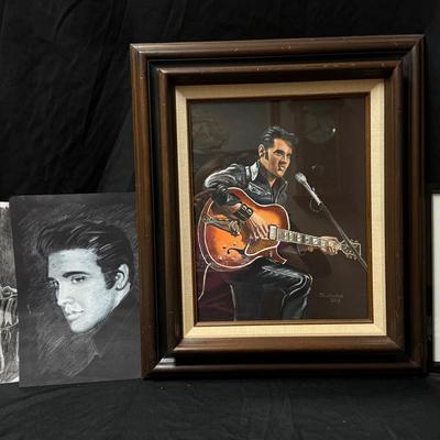 Lot 430: Lot of 4 Elvis Presley Artworks – Gouache Painting & Pencil Sketches