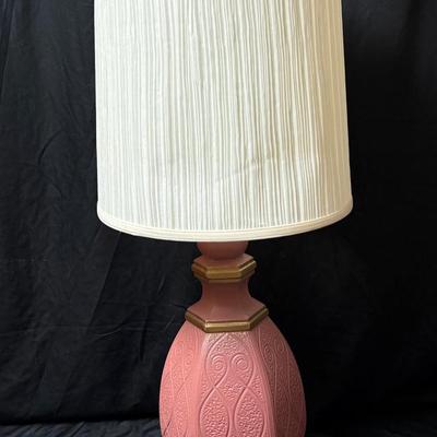 Lot 471: Vintage 33” Pink Ceramic Table Lamp with Textured Base & Pleated Shade
