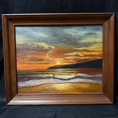 Lot 425: Double-Sided Vintage Oil Painting – Sunset Seascape & Still Life