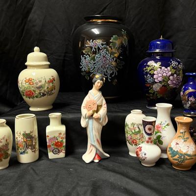 Lot:405: Vintage Japanese Porcelain & Cloisonné-Style Vase & Jar Lot – Hand-Painted Floral & Bird De