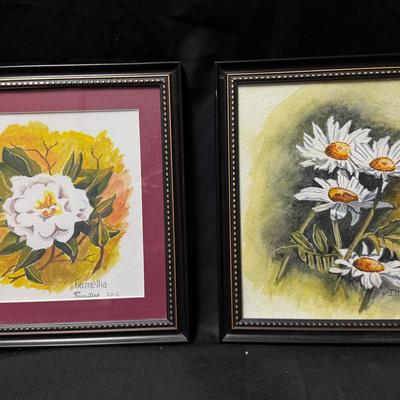 Lot 441: Set of 2 Gouache Floral Paintings by John Winstead – Camellia & Daisies