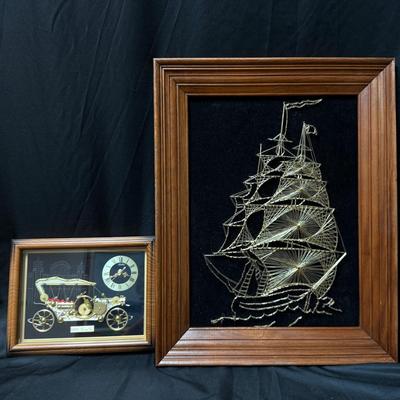 Lot 410: Vintage Nautical Tall Ship String Art & 1911 Ford Tin Lizzy Clock Set