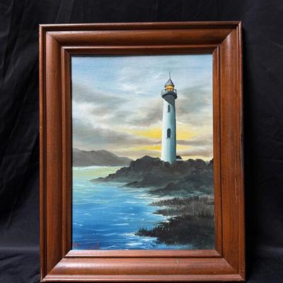 Lot: 429: JM Winstead Oil Painting – Lighthouse at Sunset, 16”x20”