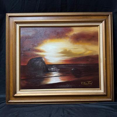 Lot 424: J. Winstad Oil Painting – Sunset Seascape, 22”x28”