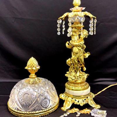 Antique Brass And Crystal Lamp 