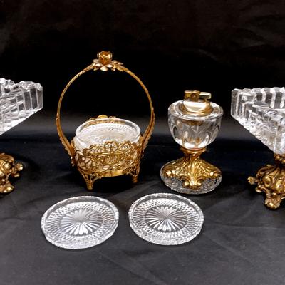 Collection of Glass Ashtrays, Coasters, and Crystal Lighter