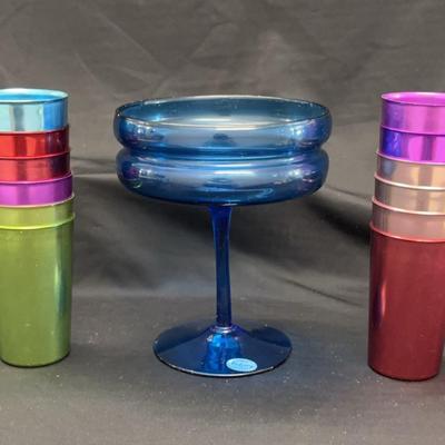 Italian Blue Glass Compote Bowl And Aluminum Tumblers by Bascal