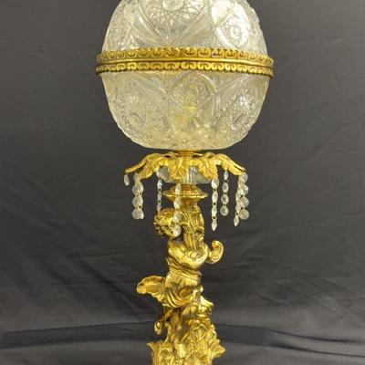 Antique Brass And Crystal Lamp 