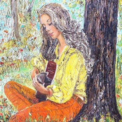 “Time For Love” Oil Painting of a Woman Playing Guitar - Framed and Titled