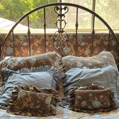 Ornate Metal Headboard, Full Size, Frilly Floral Bedding Included
