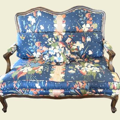 Antique Reupholstered Floral Settee, Wood Frame - circa Late 1800s | Custom Upholstery