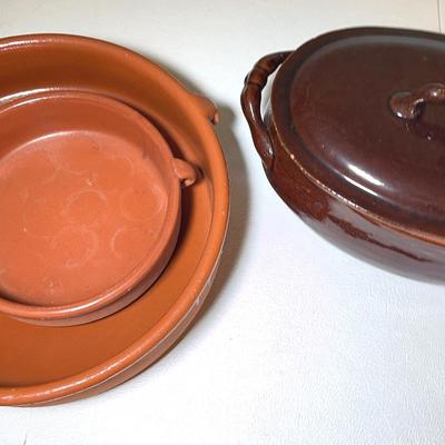 Glazed (Vintage) and Unglazed Terracotta Serveware, 3 Pcs