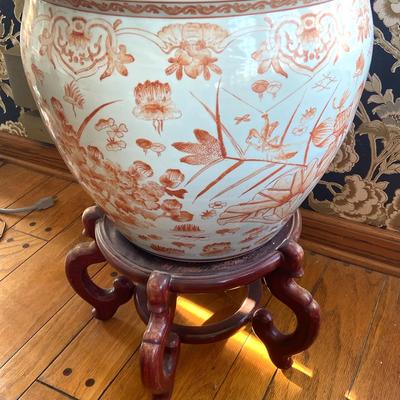 Chinoiserie Porcelain Cachepot Planter On Stand -Heavy and Located Upstairs