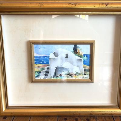 Original Watercolor Art, Whitewashed Greek Building - Signed