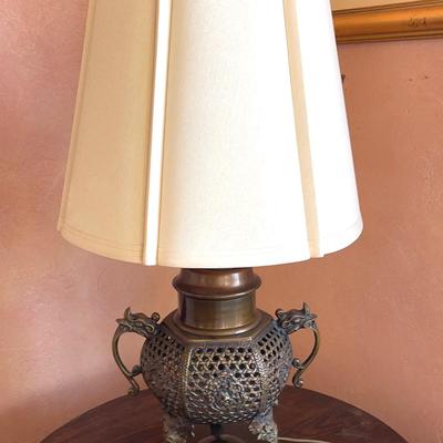 Antique Chinese Dragon Motif Bronze Brass Lamp, Scallop Shade (1st)