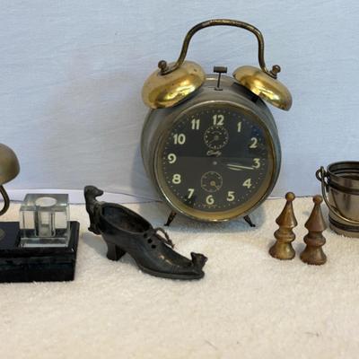 Antique Nightstand and Desk Accessories - Clock, Bell, and Trinkets