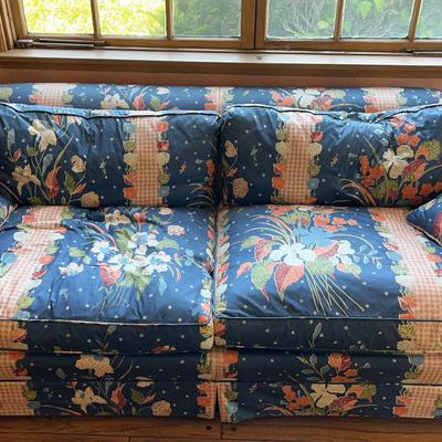 Floral Blue Peach Upholstered Plush Sofa, Custom Upholstered