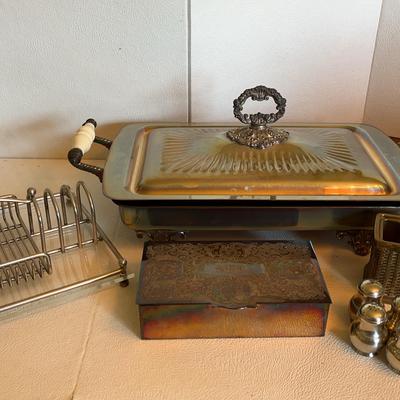 Silverplated Toast Rack, Platter with Pyrex Dish, Monogrammed Alpha Plate Jewelry Box - Vintage