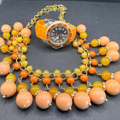 J.Crew Drape Necklace With Matching Orange IKe Watch