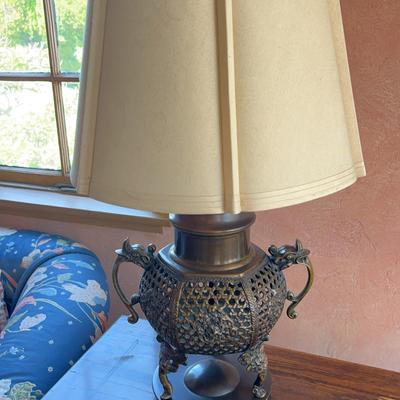 Antique Chinese Dragon Motif Bronze Brass Lamp, Scallop Shade (2nd)