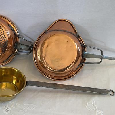 Hand-forged Copper French-style Colander, Copper Saucier, and Brass Pot with Long Handle