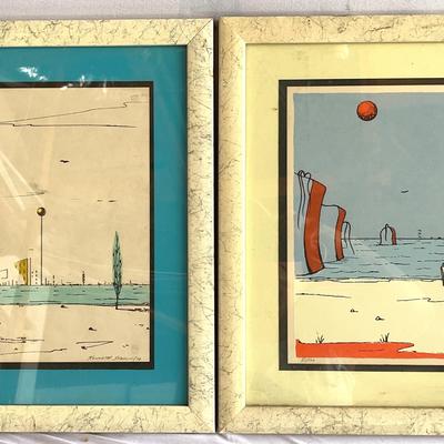 Kenneth Stancin Modern Surrealist Serigraphs 1974 - Pair 