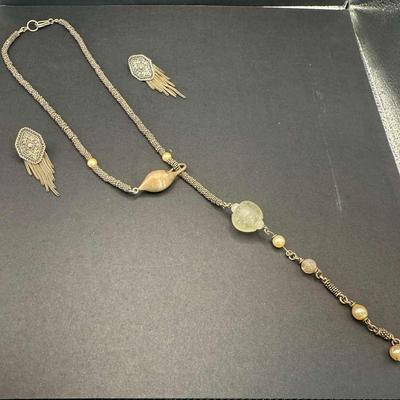 Balinese Silver bead Necklace With Glass And Gemstones  & Fringe Earrings 925