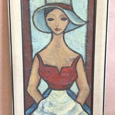 “Girl in Hat" by Renato Volpini - MidCentury Impasto Original, Signed & Framed