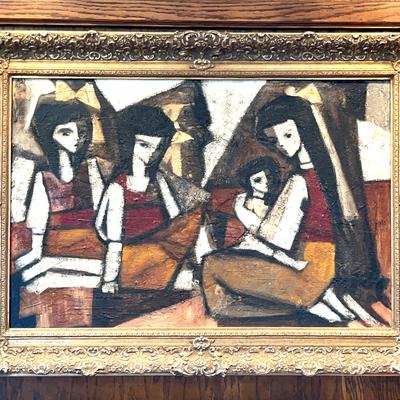MidCentury Original Painting by Maurice van Essche, “Women and Children"