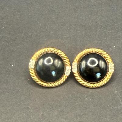 Gold and Diamond and Onyx Cabochon Earrings 