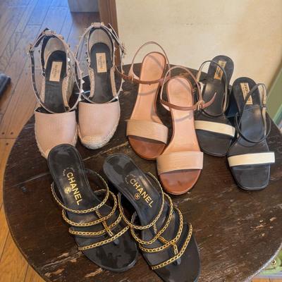 4 Pairs of Designer Heels- Valentino Stud Wedge, Stuart Weitzman Heel, Giorgio Armani, Chanel, 36-37