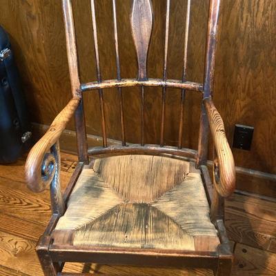 Antique Wood Elbow Chair with Scroll Arms, Woven Rush Seat