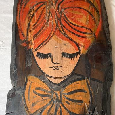 1960s Folk Art Painting of a Girl on Wood by Jan McPherson, MidCentury