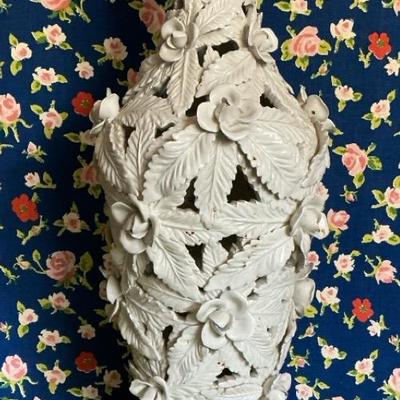 White Ceramic Ornate Floral Oversized Table Lamp - Leaf and Rose Motif