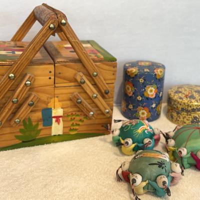 Mexican Sewing Box, Chinese Pin Cushions, Kashmiri Paper Mache Boxes