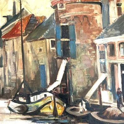 Harbor Village Scene By Nico, Oil On Canvas, Vintage Mid Century Artist