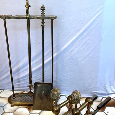 Antique Brass Andiron and Fireplace Tools, Mismatched Shovel