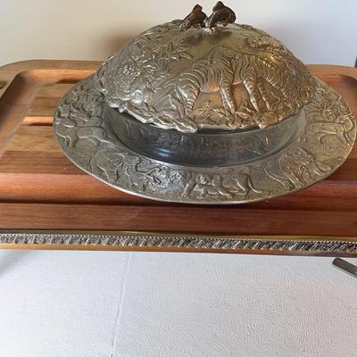 Arthur Court “Endangered Kingdom” Aluminum Holloware 1990 and Silverplated Tray with Wood Board